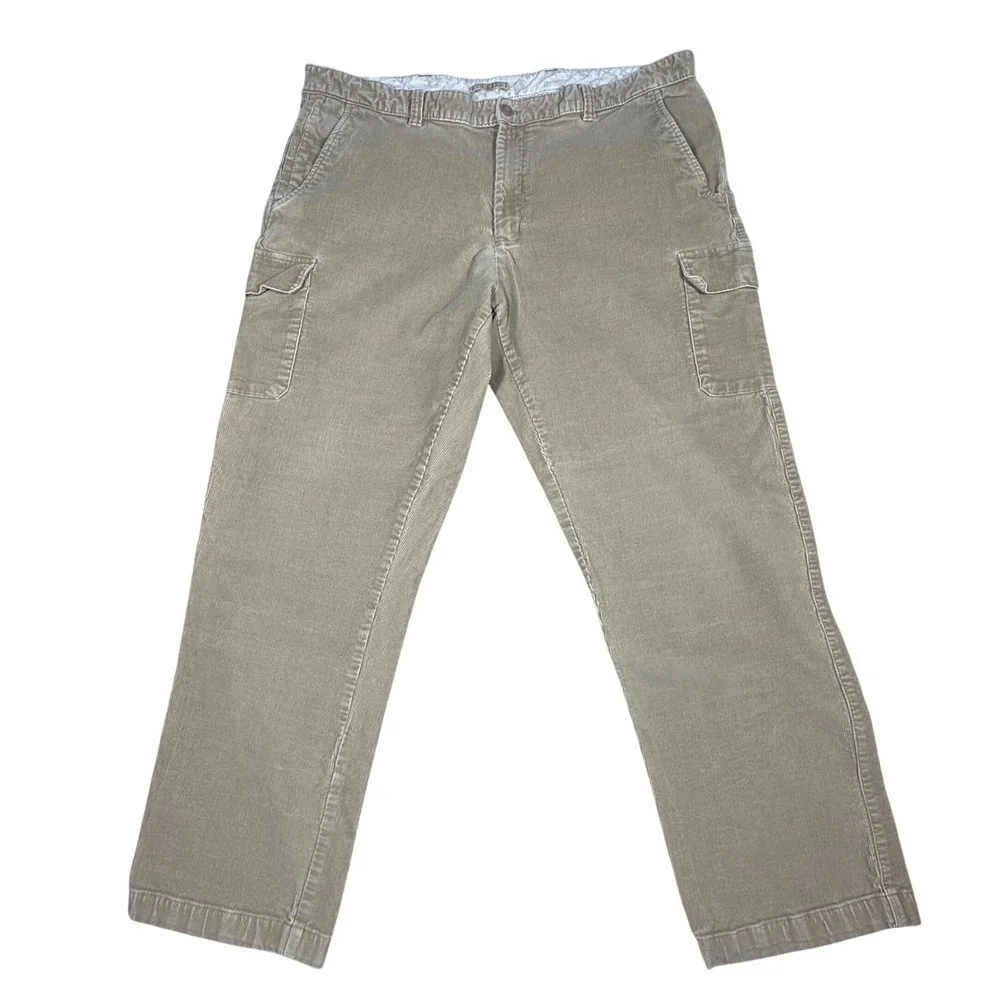 VTG LL Bean Men Tan Corduroy Cargo Pants 44x34 Straight Leg Stretch Khaki 285249